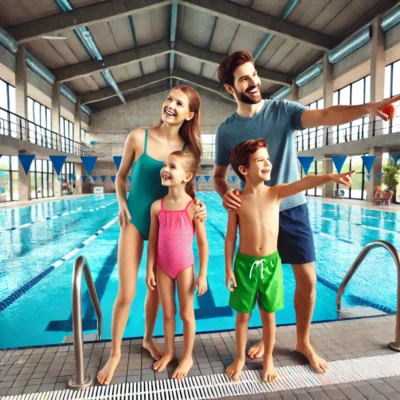 parents with kids on the poolside